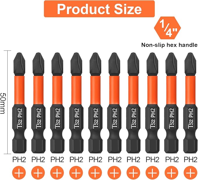 Pro PH2 Screwdriver Bit Set - Phillips Screwdriver 10 pieces, 50mm length, 1/4" hex shank bit assortment, with Storage Box