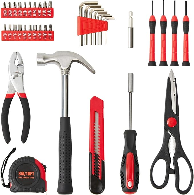 39 Piece Tool Set General Household Hand Kit With Storage Case Basics Tools for Home, Garage, Office and College Dormitory Use (Red)
