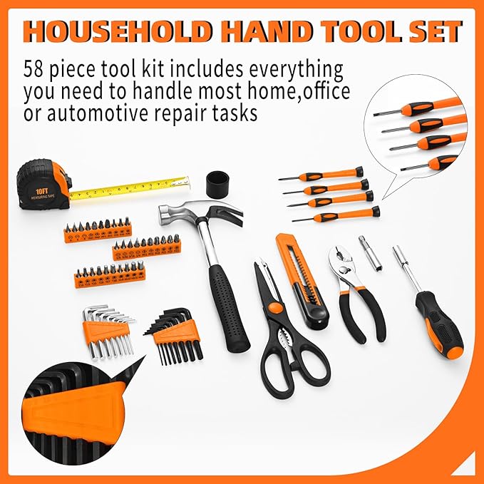 58-Piece Tool Kit Basic Home Repair Tool Set, General Household Hand Tool Kit,Small Tool Kit with Plastic Toolbox Mini Tool kit for Women, Office & College Repairs Orange