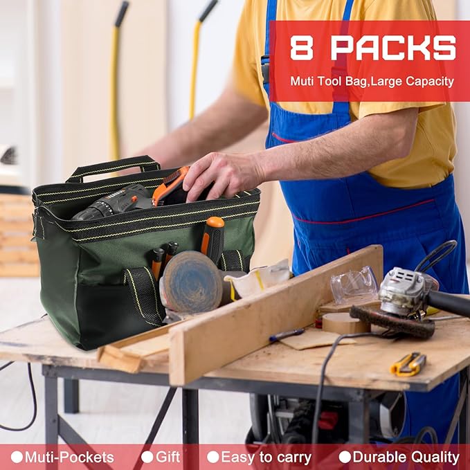 Silkfly 8 Pcs Tool Bags for Men Heavy Duty with Waterproof Hard Bottom Wide Mouth Large Tool Tote Bag Multi Pockets Organizer Tools Kit for Electrician Carpenter Mechanic Dad Gifts(13 Inch)
