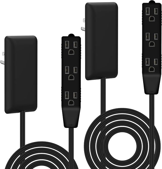 LIDER Flat-Face Outlet Extender with 3 Receptacles, Ultra-Thin Wall Plate Plug with Cord Extender and 3-Outlet Power Strip, 8ft Cord, LWE8-315-BK2P, ETL-Listed, Black, 2 Pack