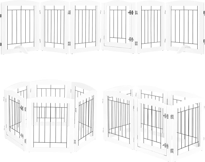 PAWLAND Dog Gate Indoor with Walk Through Door, Foldable Free Standing Pet Gate for Doorways, Stairs, The Houes, Pet Puppy Safety Fence, 120 in Extra Wide, 6 Panels, Support Feet Included, White