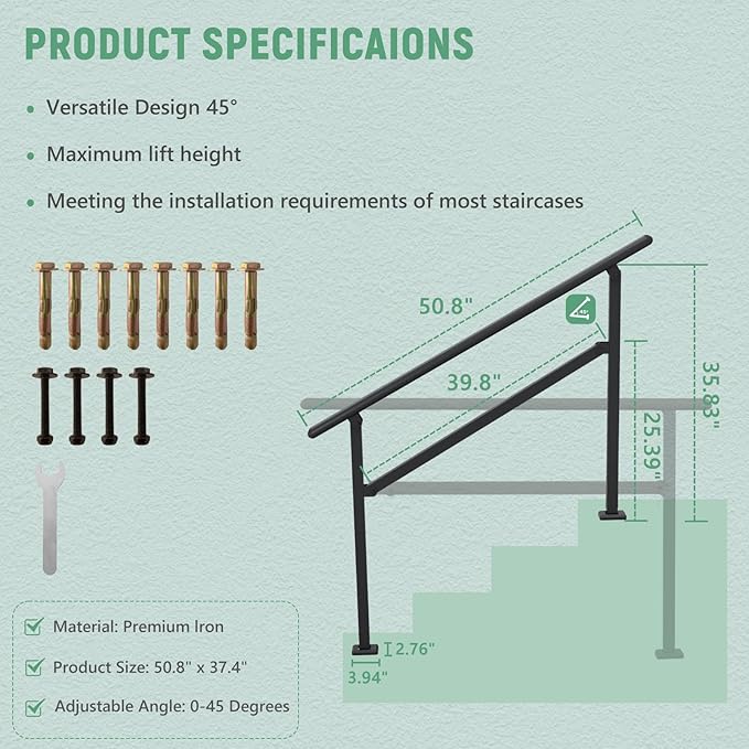 2 Pack Hand Rails for Outdoor Steps,3-4 Step Railing for Stairs,Adjustable Porch Railing,Hand Rails for Seniors,Outdoor Deck Handrails for Exterior Steps,Black