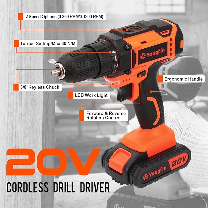 Tool Kit with Drill, Yougfin 20V Cordless Power Drill with 2 Batteries & Charger Drill Sets Combo Kit for Men 114 pcs Household Hand Tools for Home Apartment Dorm Repair
