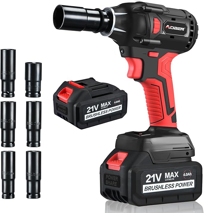 AOBEN 21V Cordless Impact Wrench Powerful Brushless Motor with 1/2" Square Driver, Max 300 Torque ft-lbs (400N.m),2X 4.0A Li-ion, 6Pcs Impact Sockets,Fast Charger and Tool Bag