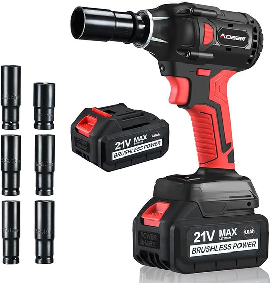 AOBEN 21V Cordless Impact Wrench Powerful Brushless Motor with 1/2" Square Driver, Max 300 Torque ft-lbs (400N.m),2X 4.0A Li-ion, 6Pcs Impact Sockets,Fast Charger and Tool Bag
