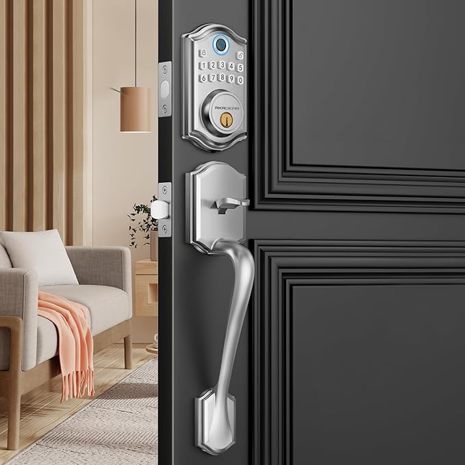 DS10 Keyless Entry Door Locks - Keypad Lock with Handle Set, Fingerprint Deadbolt, Smart Locks for Front Doors, Auto-Lock & One Touch Locking, 2 Keys, Easy Installation