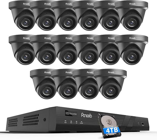16 Channel Security Camera System 4K PoE, 16x 8MP Wired IP Black Turret Dome Camera with AI Human Vehicle Detection, Built-in Mic, Remote Access 24-7 Recording, 4K 16CH NVR 4TB HDD, PD93A31616-8M
