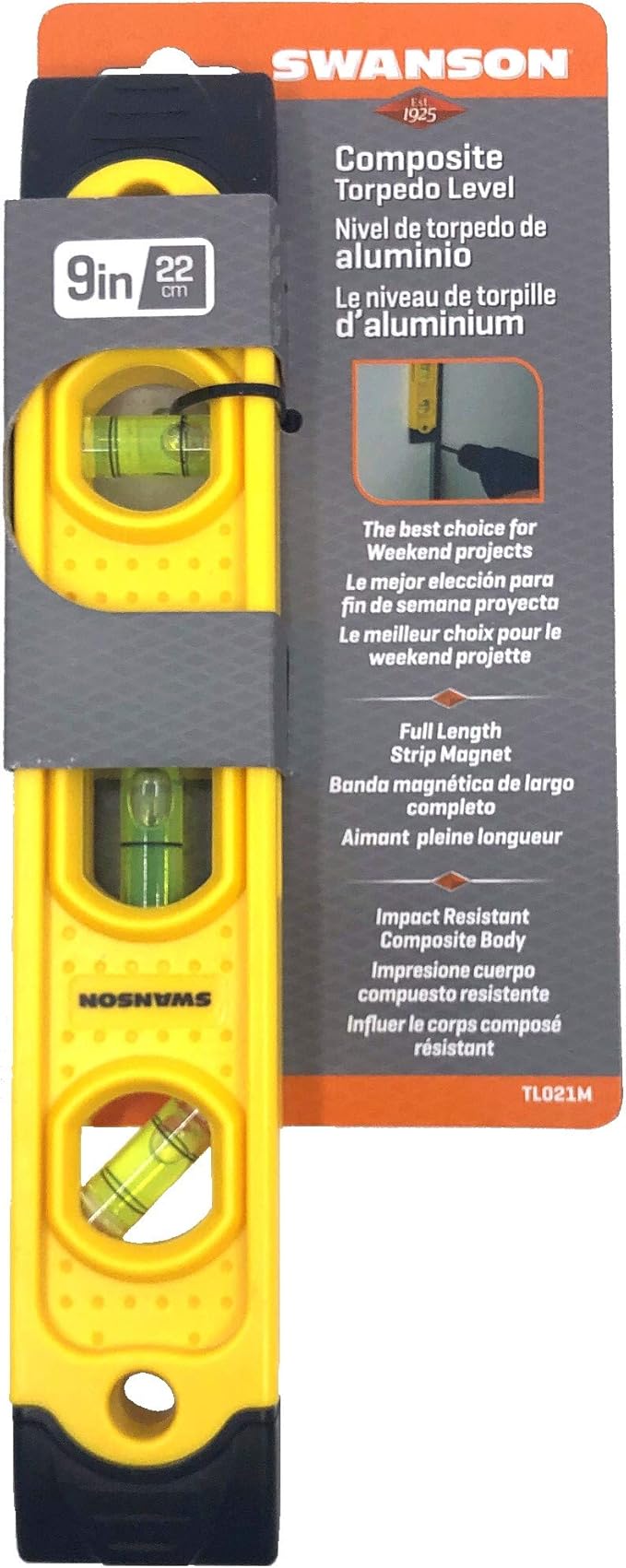 Swanson Tool TL021M 9 In. Speedlite Magnetic Torpedo Level with Rubber End Caps, yellow