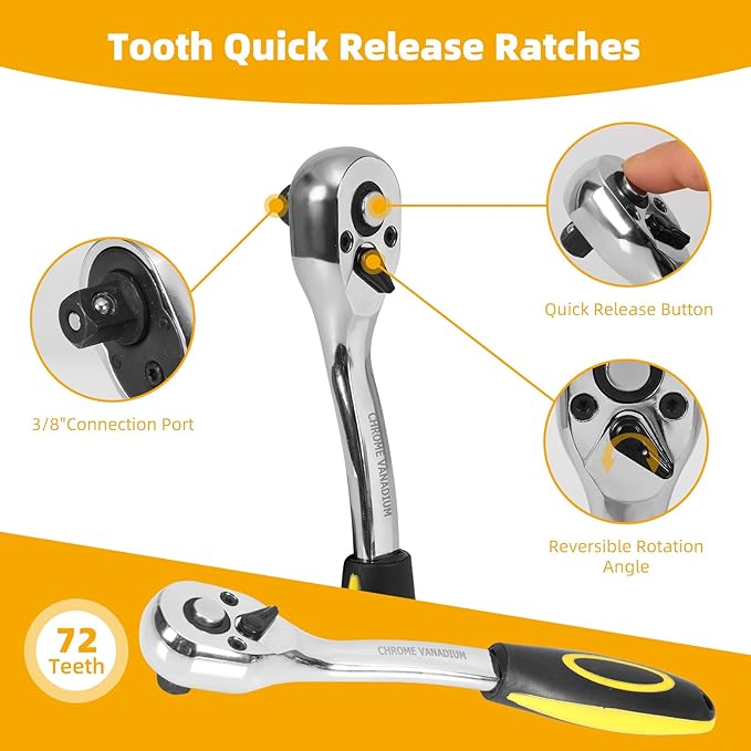 Socket Wrench Set, 62PCS 3/8" Ratcheting Wrench Set With 72 Tooth Count Ratchet, SAE & Metric From 5/16" - 7/8 ", 6mm - 23mm,Tool Set For Home Use and Automotive Repair