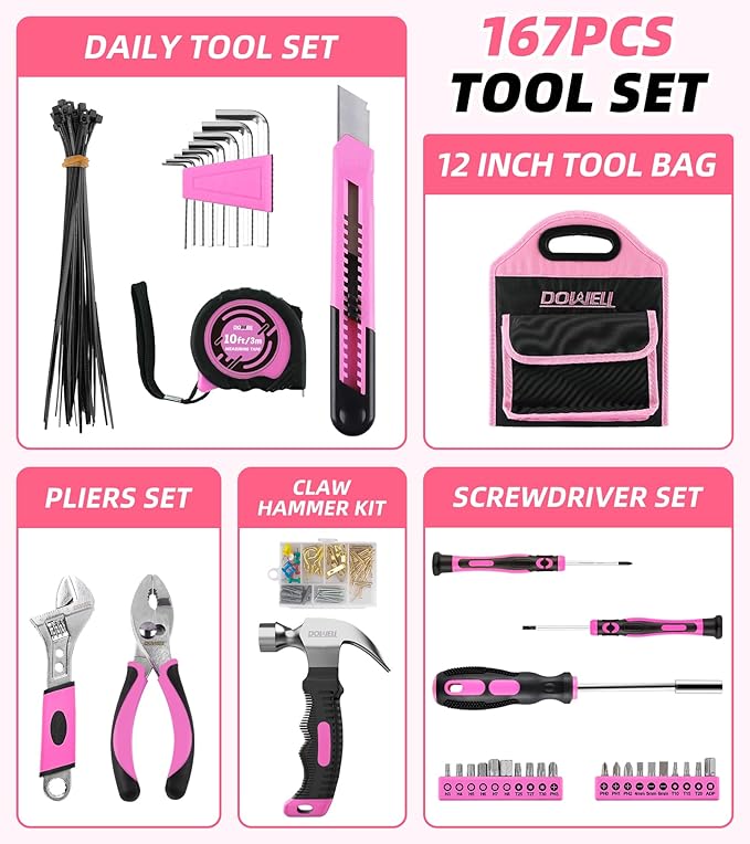 DOWELL 167PCS Kid Pink Tool Kit Perfect for DIY, Home Maintenance, Womens Tool Kit for House, Home Tool Set for Women, Girls, Ladies with Storage Bag, Christmas Gift