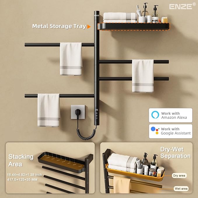 ENZE Smart Rotating Heated Towel Rack for Bathroom, Wall-Mounted Electric Towel Dryer with Swivel Bars & Shelf, Smart Timer, Low Carbon Steel, Plug-in/Hardwired, Towel Warmer with Wi-Fi App Control