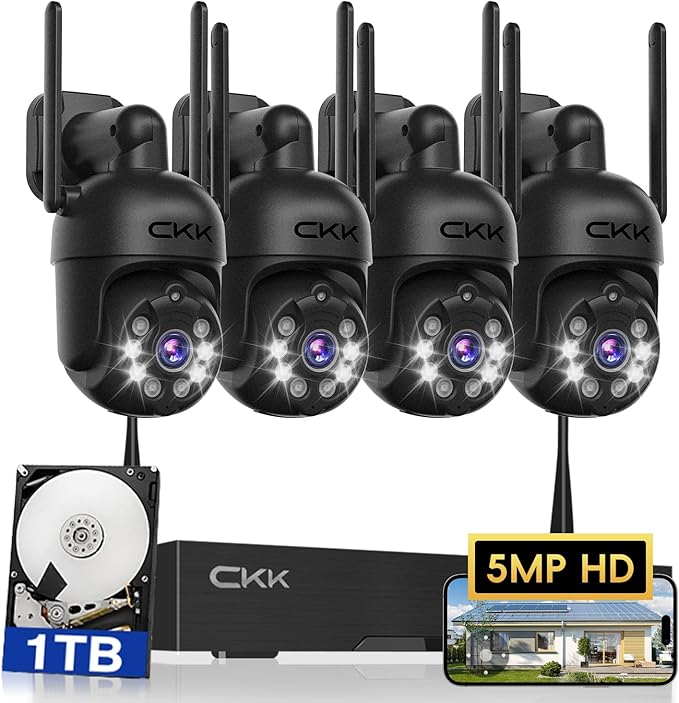 [3K, 360° View] 5MP Wireless Security Camera System, 4pcs 3K PTZ Cameras Outdoor Indoor, C102 Dual WiFi Surveillance System NVR with 4LED Floodlights & Siren Alarm, 2 Way Audio,Motion Sensor,1TB HDD