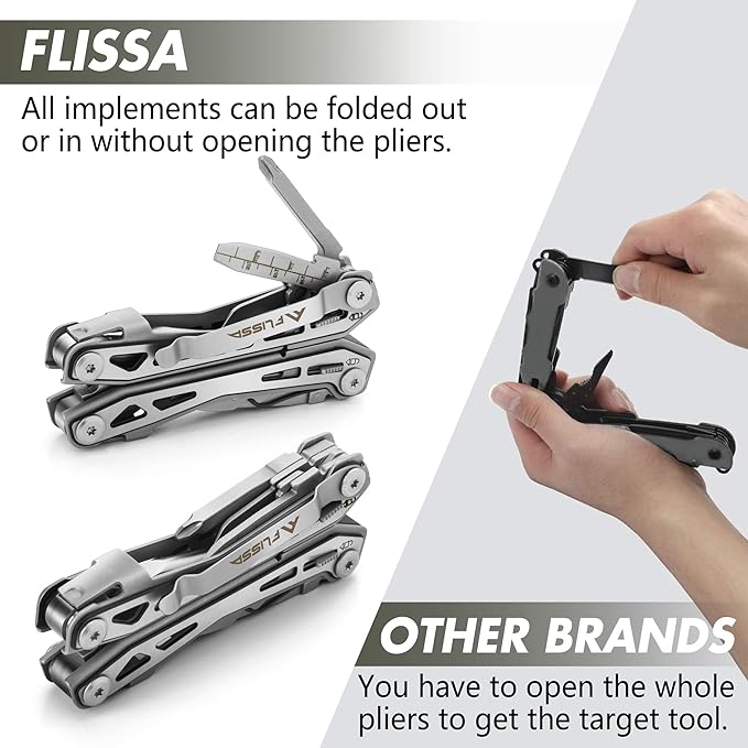 FLISSA 16-in-1 Stainless Steel Multi Tool, Gift for Dad, EDC Multitool with Pocket Knife, Pliers, Belt Clip and Oxford Sheath, Self-locking Utility Multi-Tool for Camping Survival Outdoor