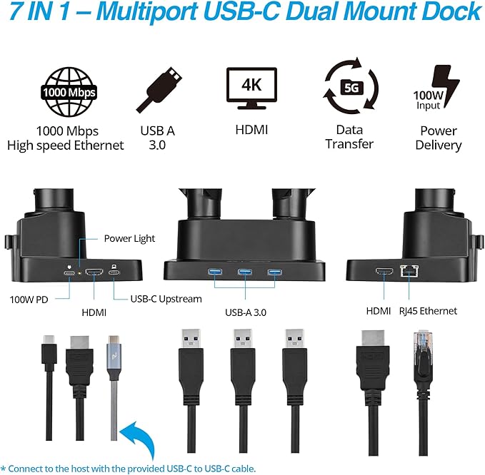 AVLT Dual 17”-38" Monitor Arm Desk Mount with 17" Laptop Tray and USB-C Docking Station, HDMI 4K60Hz, USB-A 5Gbps, Ethernet, 100W PD, Fits Two Flat/Curved Monitor - Black