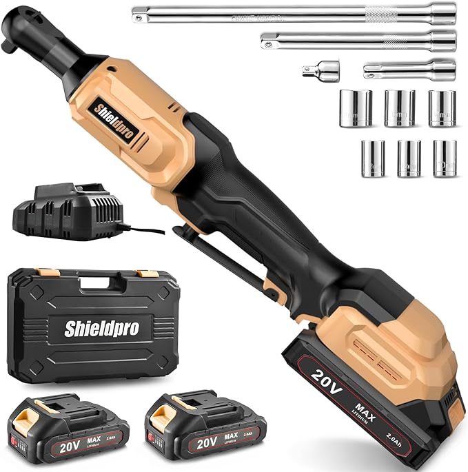 SHIELDPRO 20V Electric Ratchet Wrench Set, 3/8" Cordless Ratchet Kit with 400RPM, Power Torque Ratchets with LED Light, 2 Packs of 2.0AH Batteries, Fast Charger, Sockets, Adapters, and Extension Bars