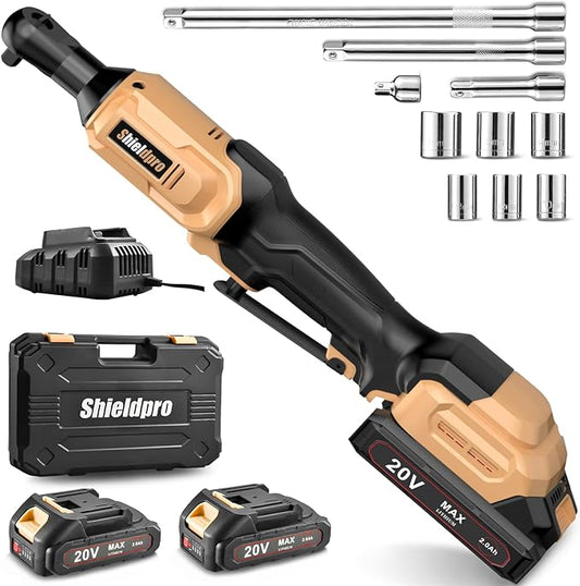SHIELDPRO 20V Electric Ratchet Wrench Set, 3/8" Cordless Ratchet Kit with 400RPM, Power Torque Ratchets with LED Light, 2 Packs of 2.0AH Batteries, Fast Charger, Sockets, Adapters, and Extension Bars