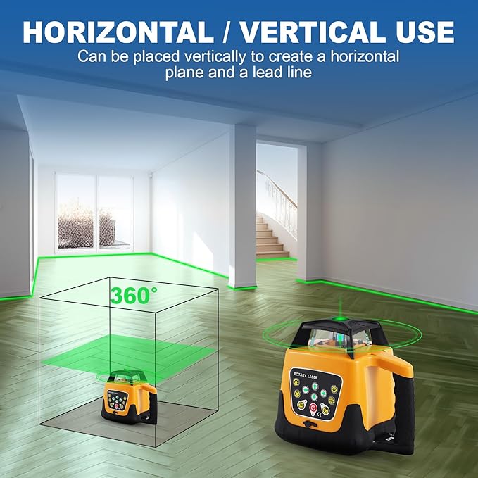Iglobalbuy Rotary Laser Level Green Laser Self Leveling Kit, 500M Green Beam 360° Automatic Horizontal/Vertical Self-leveling Rotary Rotating Laser Level with Receiver