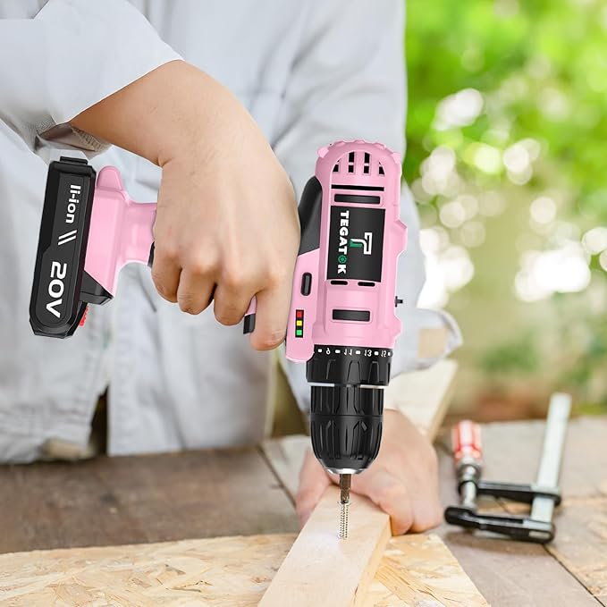 Cordless Pink Drill Set, 3/8 Drill Handheld Screwdriver Kit with 18+1 Torque Setting, 20V Electric Drills Tools Bit, LED Electric Power Drills with Battery and Charger, 1 Battery