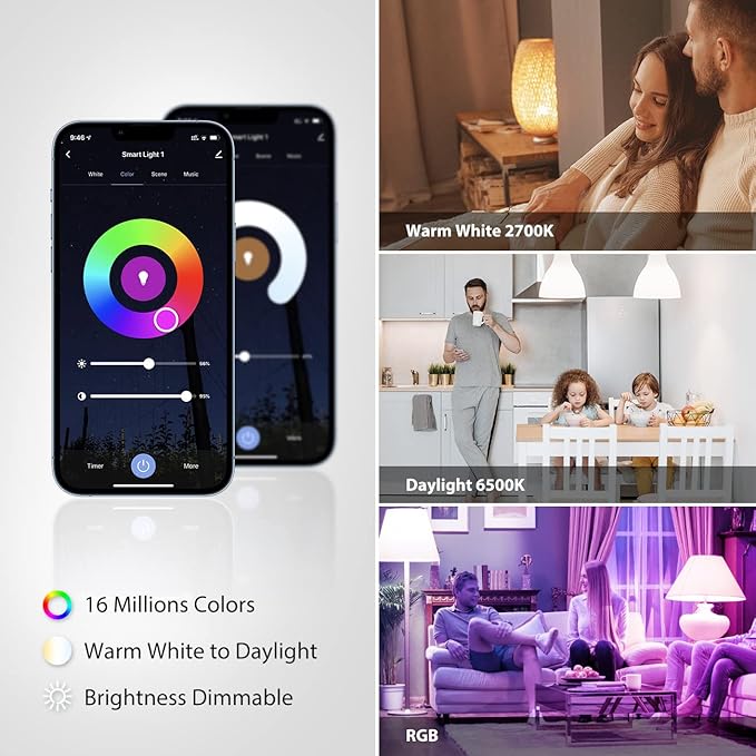 LVWIT Wi-Fi Smart Light Bulb Alexa, BR30 Smart LED, Work with Google Assistant, Smart Life App, Tuya App, 60W Equivalent, RGB Color Changing Light Bulbs (8.5W), No Hub Required, 2-Pack