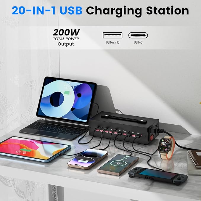 Portable USB~C Charger Block, 200W(20A) 20 Port (10 A & 10 C Port) Home Fast Charging Station for Multiple Devices, Desktop USB Wall Charger Compatible with iPhone, iPad, Kindle, Tablets, Watch