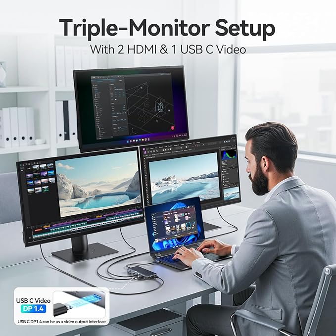 USB C Docking Station,9-in-1 Laptop Docking Station Dual Monitor,USB C Hub Multiport Adapter Triple Display with 2 HDMI,USBC Video,10Gbps USB 3.1,100W PD,Ethernets,Laptop Dock for HP/Dell/ASUS