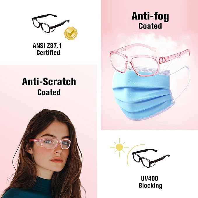 ProtectX Stylish Anti-Fog & Scratch-Resistant Safety Glasses, UV Protection Goggles, Anti-Impact Lightweight Glasses for Men＆Women Pink Clear - 2 Pack