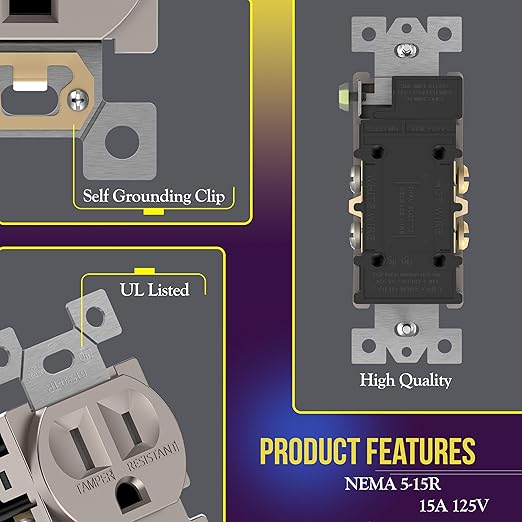 ENERLITES Elite Series Duplex Receptacle, Residential Grade Wall Outlet, Duplex Electrical Outlet, Self-Grounding, 3-Wire, 2-Pole, 15A 125V, UL Listed, 61580-TR-NK-10PCS, Nickel, 10 Pack