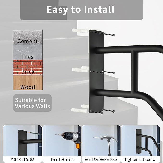 2- Pack Outdoor Handrail for Stairs and Deck - Adjustable Aluminum Stair Railing with Anti-Slip Grip, Heavy Duty Exterior Handrail for Steps, Porch, Elderly Safety -Black