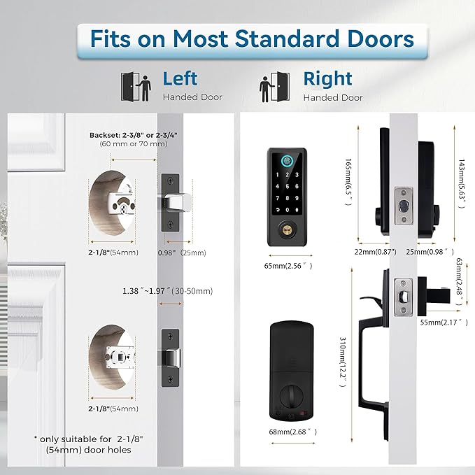Fingerprint Door Lock with Handle Sets, BEBASIA Keyless Entry Door Lock, Bluetooth Front Handle Set, Smart Deadbolt, Electronic Keypad Digital Lock with Handle, Black