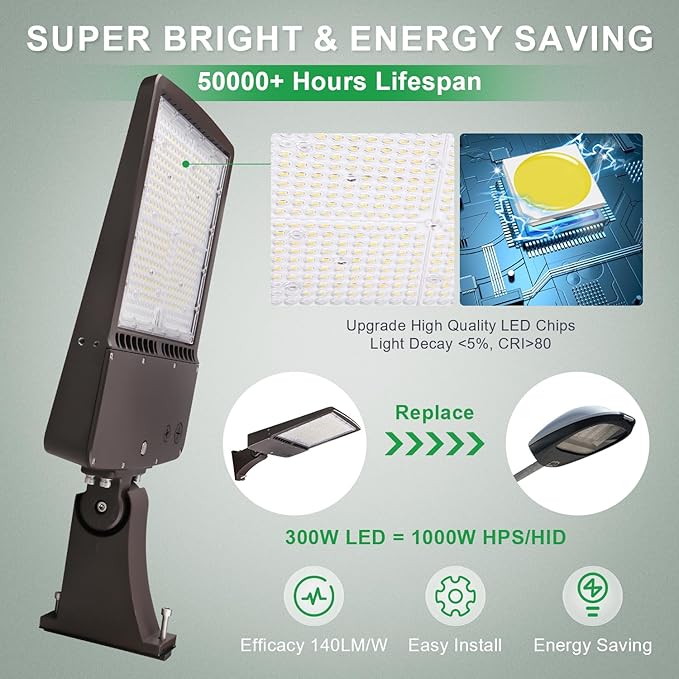 300W LED Parking Lot Light, 5700K 42000LM LED Shoebox Area Light [1000W MH/HPS Equiv.], 0-10V Dimmable Outdoor Pole Flood Lights with Arm Mount, IP65 20KV Surge Protection AC100-277V UL&DLC Listed