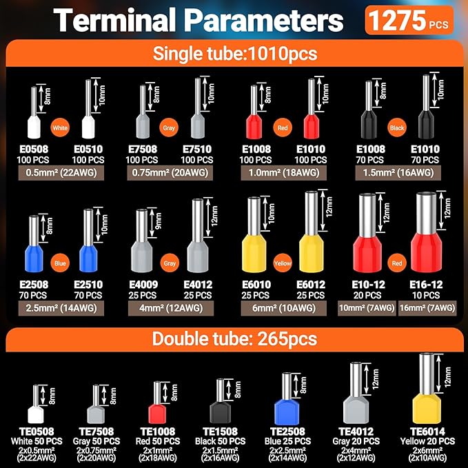 Preciva Ferrule Crimping Tool Kit, Self-Adjustable Ratchet Crimper for AWG 28-5 Ferrules - Includes 1275PCS Hexagonal Double & Single Wire Connectors
