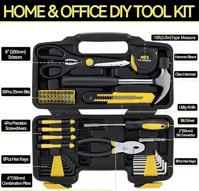 58 Piece Household Tool Set, General Household Hand Tool Kit with Plastic Toolbox Storage Case, All Purpose Household Tool Kit for Home, Garage, Office and College Dormitory Use, Yellow