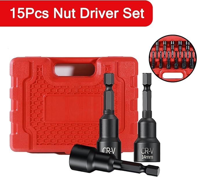 15PCS Magnetic Nut Driver Set,Impact Power Hex Nut Driver Drill Bit Master Kit, SAE & Metric, 1/4-Inch Quick-Change|Cr-V Steel