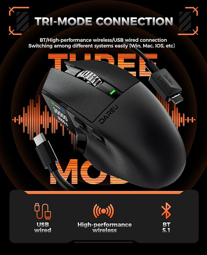 DAREU A980PROMAX Wireless Gaming Mouse-4K/8K Polling-30K DPI Optical Sensor-0.85' TFT Color Display-Magnesium Alloy Buttons-2.4G Wireless/BT/USB Connectivity-Nano Receiver Included