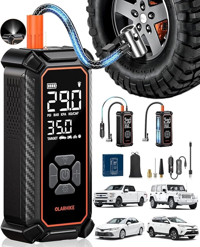 OlarHike Cordless Tire Inflator Portable Air Compressor, Dual Power Mode - 6000mAh & 12V DC, Air Pump for Car Tires, Motorcycle, Bicycle, Electric Pump with LED Light & Digital Pressure Gauge
