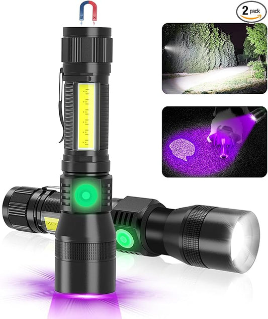 UV Rechargeable Flashlights Tactical,1000 High Lumens 3 in 1 LED Black Light Flashlight -Magnetic Base/Sidelight/Zoomable, Bright Pocket Flash Light for Stains Detection Camping Emergency,2PCS