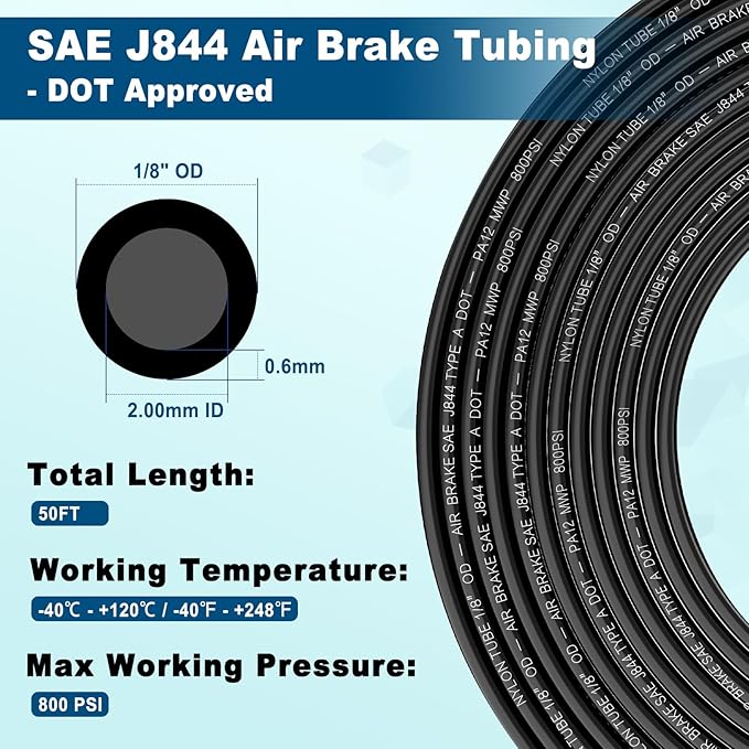 50FT 1/8 DOT Air Line SAE J844 PA12 Nylon Air Hose with Cutter 1/8” OD Pneumatic Tubing DOT Approved 1/8 Air Brake Hose for Air Suspension Kit Truck Trailer Brake System & Fluid Transfer 15.5m