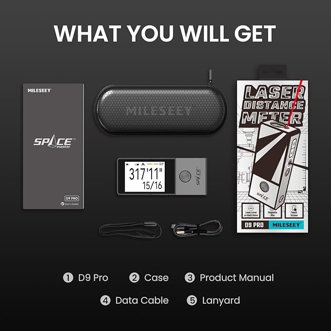 MiLESEEY 330 ft Smart Laser Tape Measure & Digital Ruler D9 PRO– IPS Touchscreen, App‑Sync, Visual Aligning Indicator, P2P, Live Angle Display Professional Measuring Tool