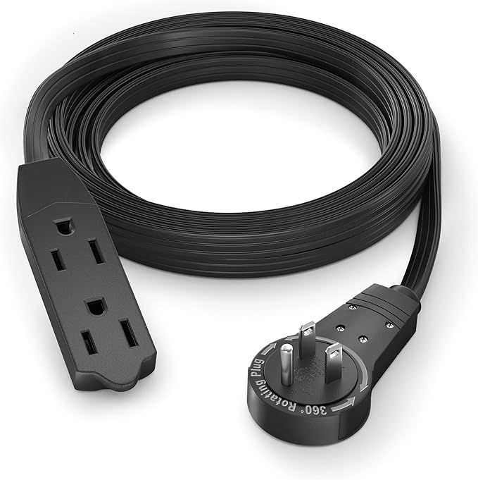Maximm Cable 8 Ft 360° Rotating Flat Plug Extension Cord/Wire, 16/3 AWG Multi 3 Outlet 3-Prong Grounded Wire- Black - UL Certified