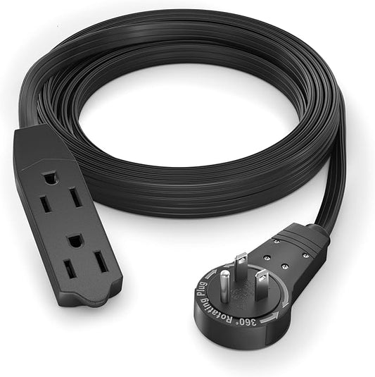 Maximm Cable 8 Ft 360° Rotating Flat Plug Extension Cord/Wire, 16/3 AWG Multi 3 Outlet 3-Prong Grounded Wire- Black - UL Certified