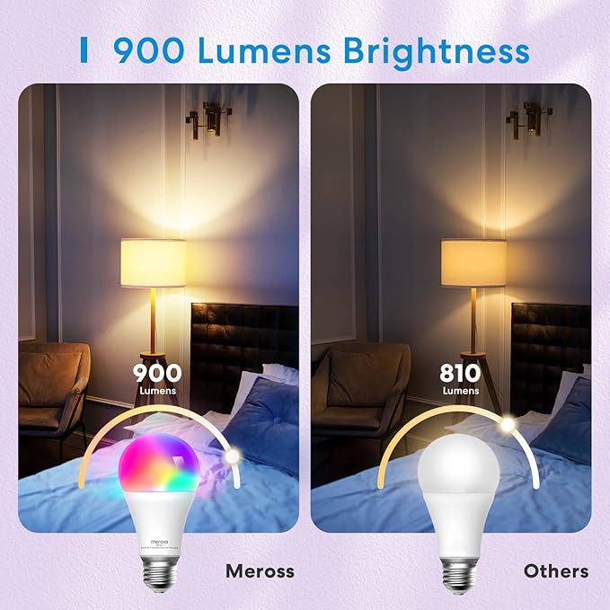 meross Smart Light Bulb, Smart WiFi LED Bulbs Compatible with Apple HomeKit, Siri, Alexa, SmartThings, Dimmable E26 Multicolor 2700K-6500K RGBWW, 900 Lumens 60W Equivalent, 4 Pack