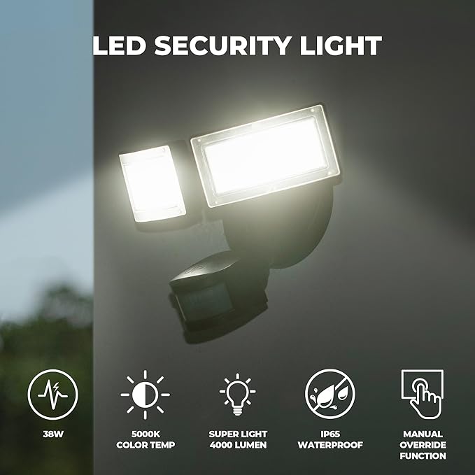 LED Motion Sensor Outdoor Lights, 38W 4000LM 5000K Daylight, IP65 Waterproof Flood Light, 2 Head Dusk to Dawn Motion Detected Security Lights for Patio, Garage, Yard (Black)