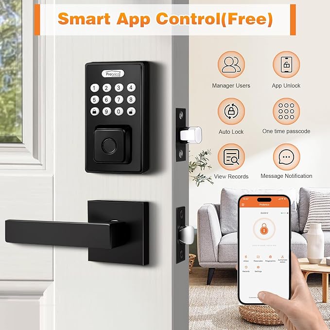 Probrico Smart Door Lock, Keyless Entry with Handle, Black, Biometric, Keypad, Key, App Control, Auto Lock, Contemporary Style