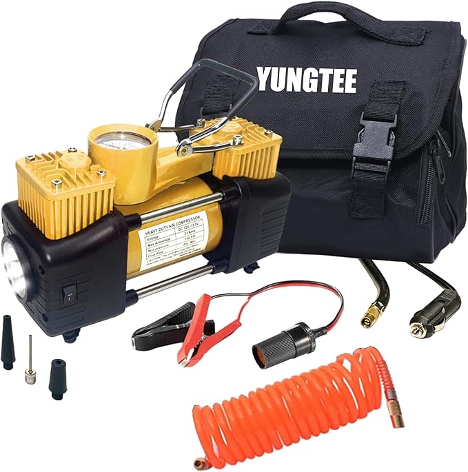 YUNGTEE Yellow Tire Inflator Heavy Duty Double Cylinders Direct Drive Inflation Pump,12V Portable Air Compressor Pump with Emergency LED Light - 150PSI Tire Pump,Apply to Car,Suv,RV