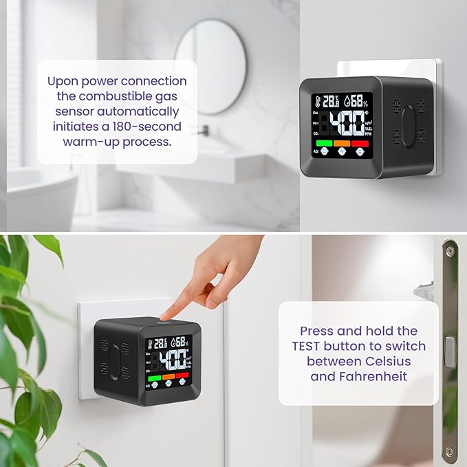 Plug-in 4-in-1 Gas & CO Detector with Temp/Humidity - Natural Gas, Propane & Methane Detector for Home, RV & Apartments (1, Black-Bleep Edition)