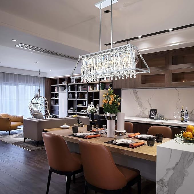 Crystal Chandelier Light for Dining Room, 4-Light Trapezoidal Industrial K9 Crystal Pendant Lights with Metal Frame Pendant Lamp for Kitchen Island Living Room Entryway (Chrome)