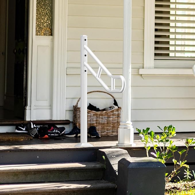 Upgraded Single Post Handrail, White Bent Wrought Iron Handrails for Outdoor 1-3 Steps, Metal Freestanding Stair Railing, Floor Mounted Hand Rails with 2 Anti-Skid Crossbar for Garage, 32"L x 35.8" H