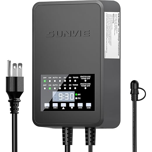 SUNVIE 200W Low Voltage Landscape Transformer with 2 Independent Control Output Landscape Lighting Transformer with Timer and Photocell Sensor 120V AC to 12/14V AC Weatherproof Low Voltage Transformer