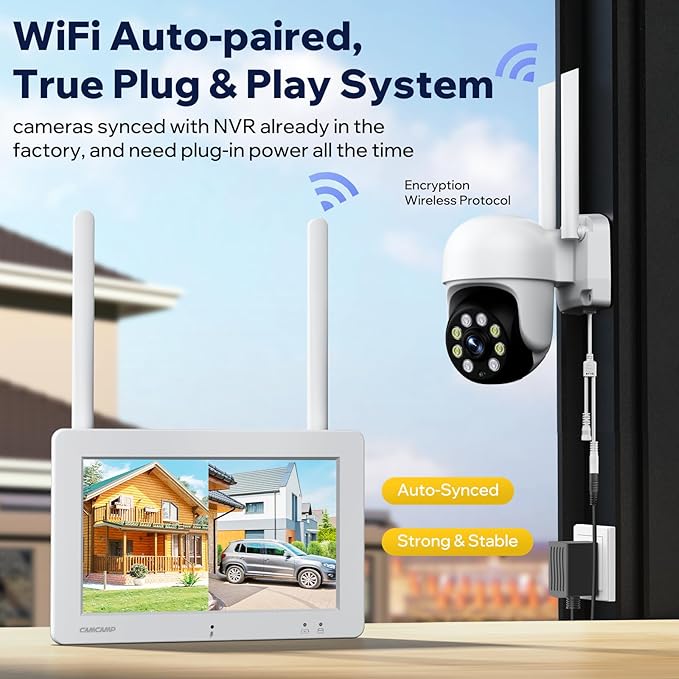 Camcamp Wireless Security Camera System with 7" Monitor, 3MP PTZ Outdoor Security Cameras, Plug-in-Play, 4CH NVR 32GB, No Monthly Fee, 24/7 Record, Color Night Vision, 2-Way Talk for Outside Indoor